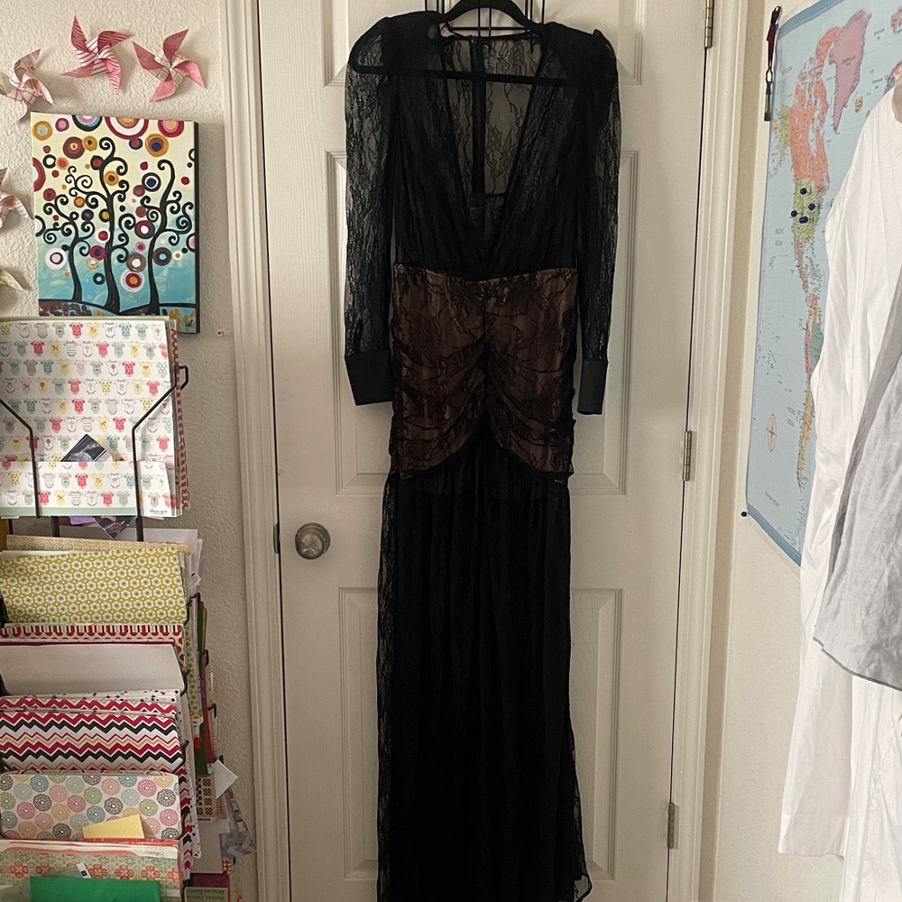HOUSE of CB Griffe Black Lace Super Plunge Maxi Dress Sheer Black Dark Fairy - Picture 3 of 11